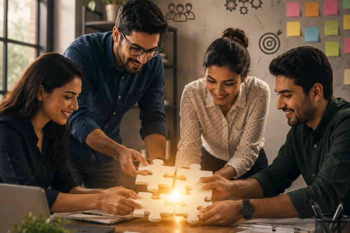 Team collaborating around a table